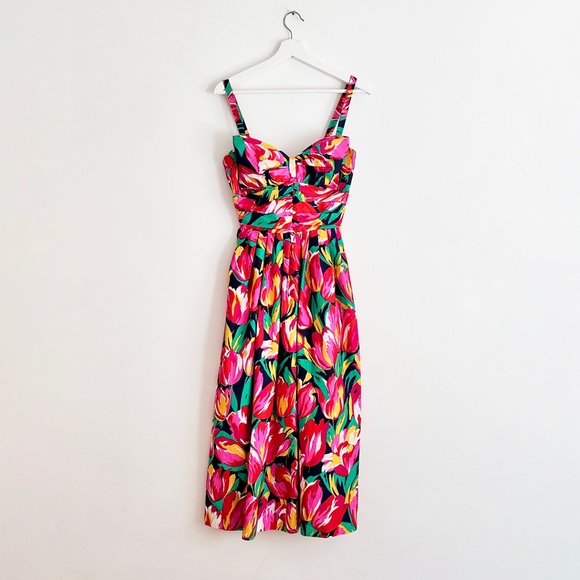 vintage 80s 90s tulip print midi dress bow detail floral pattern XS S - Picture 1 of 5